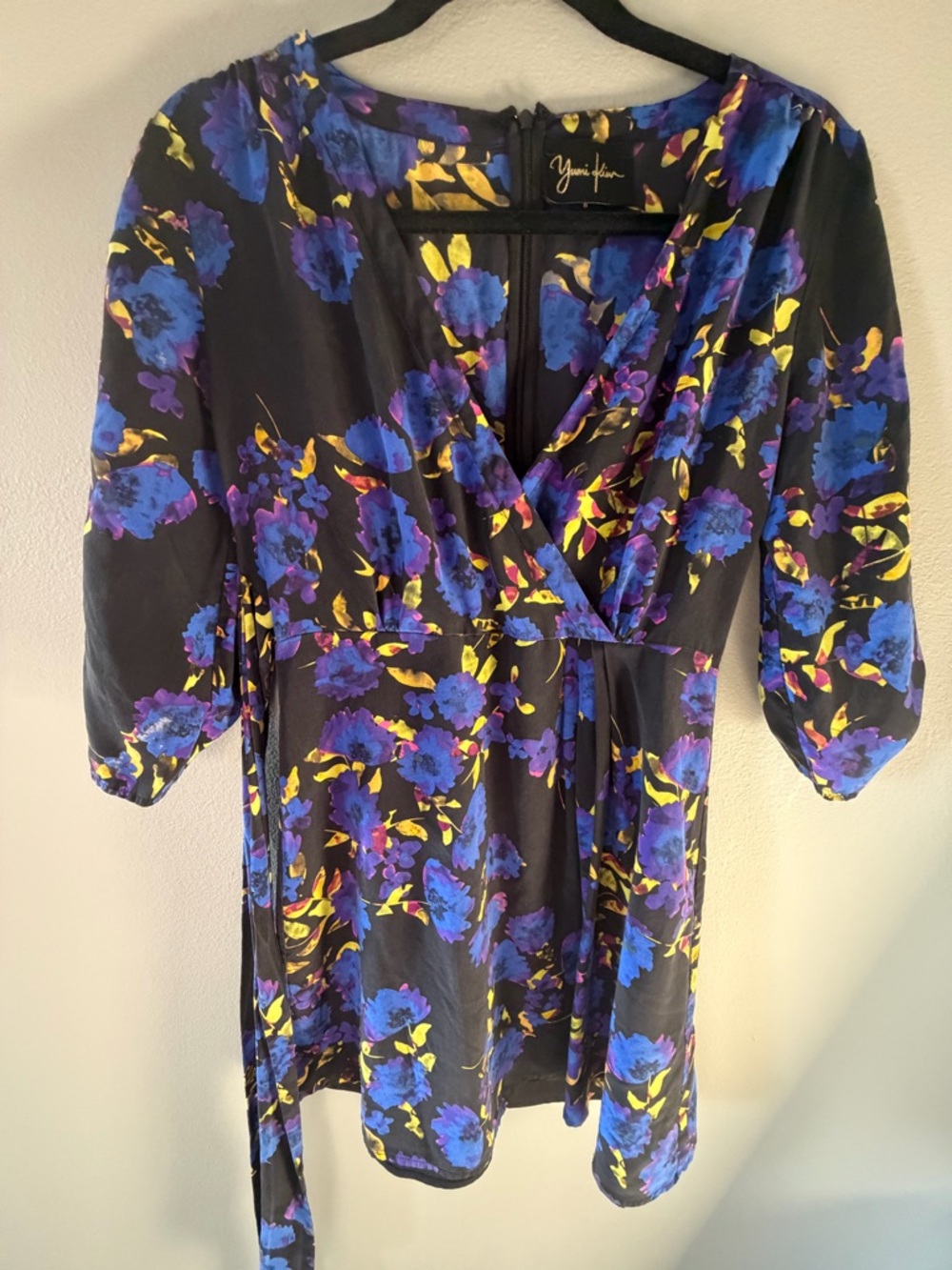 Yumi Kim Black Mini Dress with Blue and Yellow Floral Print